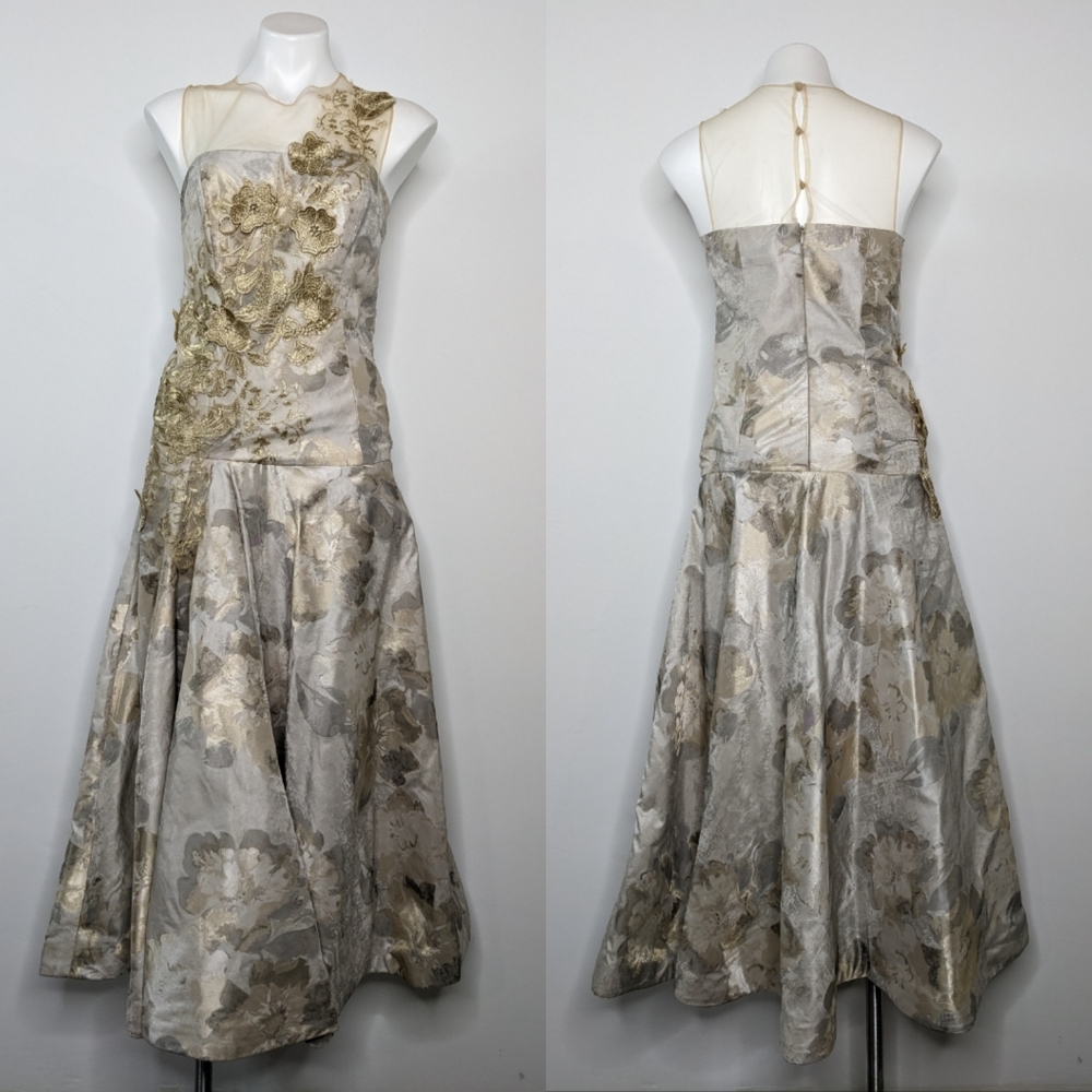 Rickie Freeman Teri Jon beige tan shimmer gold floral applique gown 6